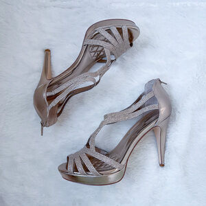 Alfani Sparkly Evening Formal TACYNUDE Nude/Zinc Strappy Heels Platform Sandals